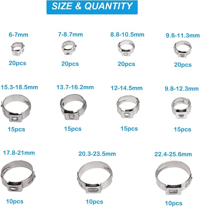 170 Pcs Single Ear Hose Clamp& 6 Pack 23-25mm T-Bolt Hose Clamp