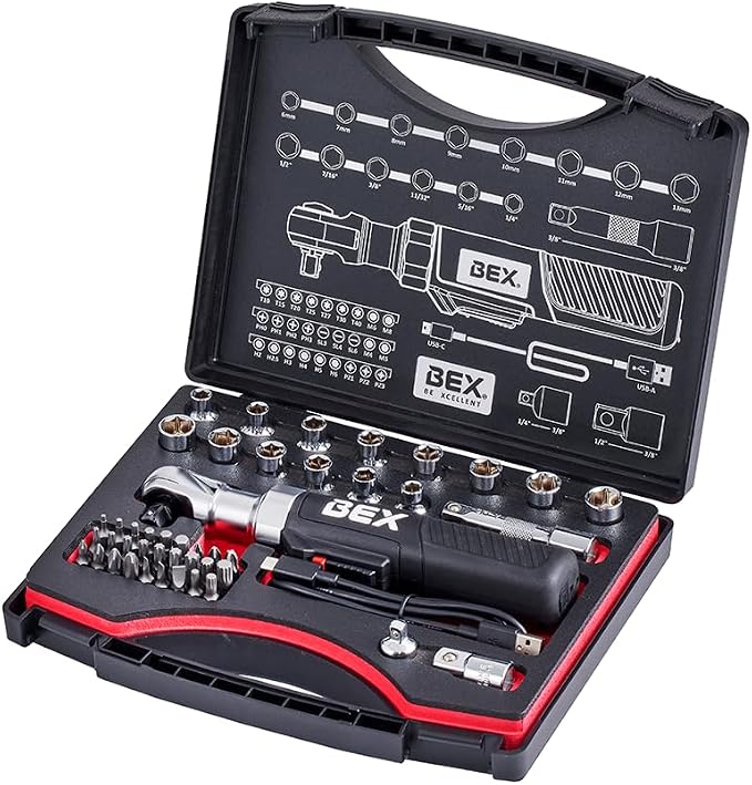 BEX 44pcs 2-in-1 3/8" Electric Ratchet Wrench and 1/4" Right Angle Screwdriver Kit for Tight Spaces USB-C Rechargeable, Socket & Bit Kit