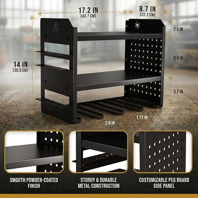 BUILTSTRONG Power Tool Organizer Wall Mount – 3-Tier Heavy-Duty Steel Rack, 4 Drill Slots, Pegboard + Utility Side, 100 lb Capacity – Garage, Workshop & Shed Storage (Black)
