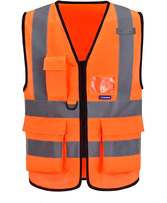 A-SAFETY Orange 4XL 5XL High Visibility Safety Vest Reflective BIG AND TALL | Orange 4XL-5XL Class 2 work vest with clear PVC ID holder, mic tabs and high-visibility reflective strips for road work.