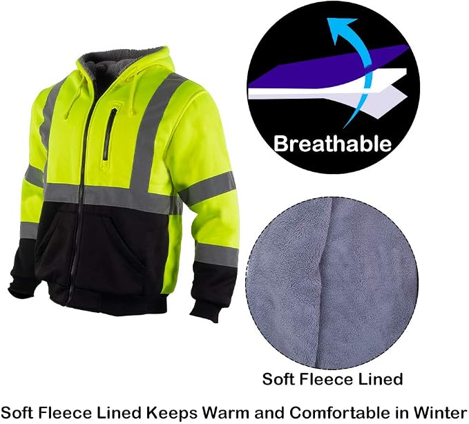 VENDACE Men's ANSI Class 3 High Vis Safety Reflective Sweatshirt Wool Fleece Zipper Jacket Hoodie with Black Bottom(Yellow,XL)