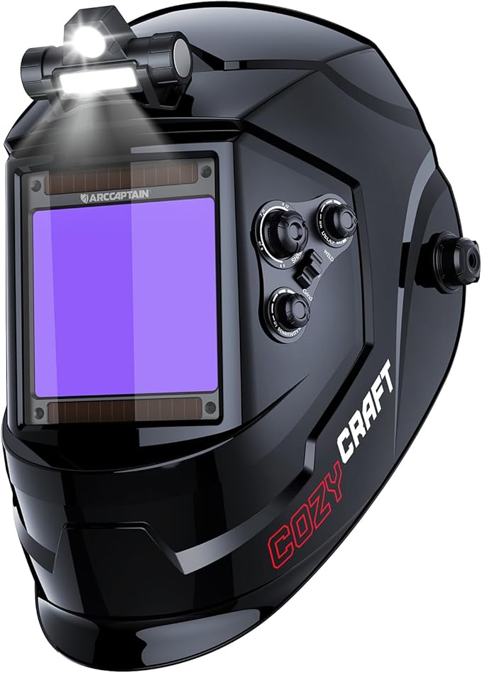 ARCCAPTAIN Large View 3.94" x 3.66" True Color Auto Darkening Welding Helmet with Light, Solar Powered Welding Hood, 4 Arc Sensor Wide Shade 4/5-9/9-13 for Stick MIG TIG Cut,Glossy Black