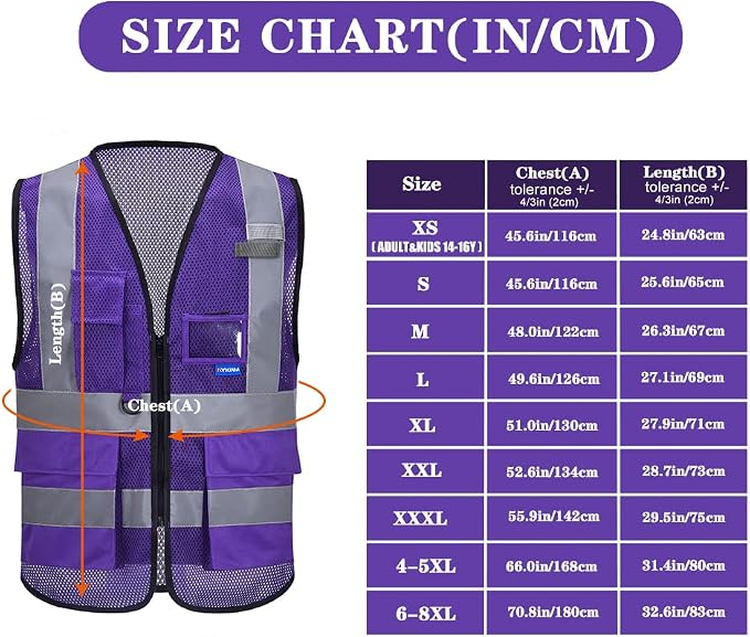 A-SAFETY Reflective Mesh Safety Vest, 7 Pockets, Front Zipper, Purple, 2XL | Purple 2XL mesh vest with 7 pockets, transparent ID pocket and radio mic loop for refinery technicians; unisex workwear.