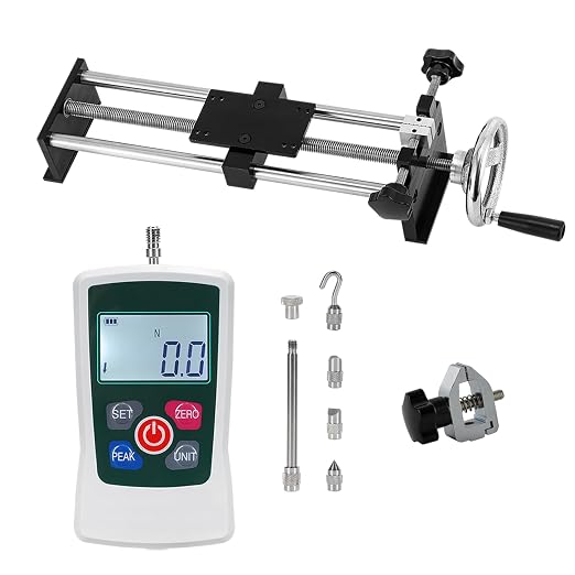 500N Digital Force Gauge & Manual Test Stand Kit, Push Pull Gauge with N/Lb/Kg/Oz Units, 250mm/9.8 inches Stroke Test Stand with 1 Pcs Test Clamp for Tension Tests in Lab, School, Industry