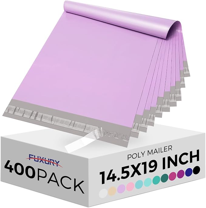 Fuxury Poly Mailers 14.5x19 Inch 400 Pcs Bulk Shipping Bags for Clothing Strong Adhesive Shipping Envelopes for Small Business Suppliers Waterproof Mailers Poly Bags Mailing Envelopes Light Purple