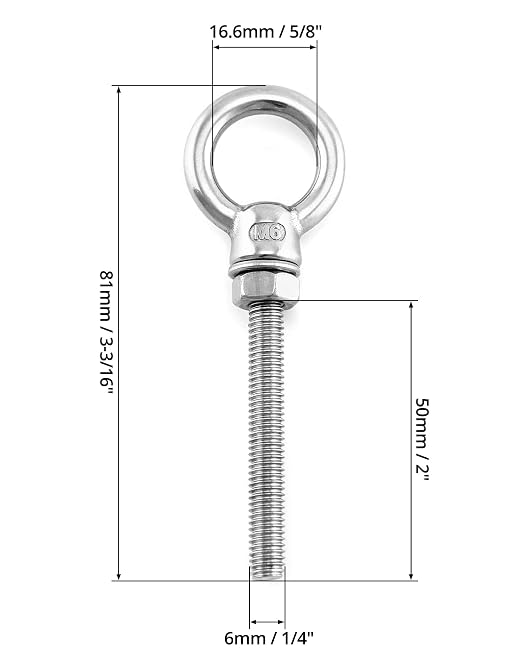 QWORK Threaded Eyebolts, 50 Pack 1/4" x 2" Long Stainless Steel Marine Grade Shoulder Eye Bolt