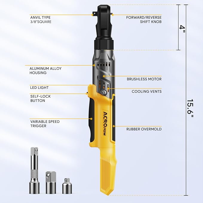 3/8" Cordless Ratchet Wrench for Dewalt 20V Battery, Brushless Motor | 74Ft-Lbs Electric Ratchet with Variable Speed, 1/2" & 1/4" Adapters, 3" Extension Bar (Tool Only)