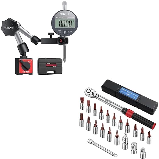 XUNTOP Professional Machining & Torque Assembly Kit: 0-1" Digital Dial Indicator & 22Pcs Torque Wrench Set,with 90lbs Magnetic Base, 3 Adjustable Joints, 1/4" Drive, 5-25 Nm for CNC, Lathe, Auto, Bike