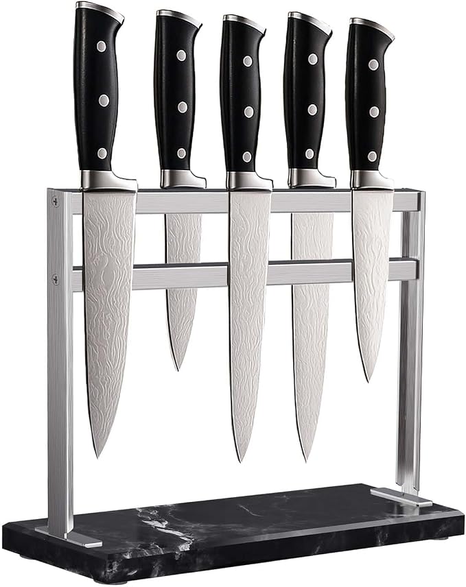 Magnetic Knife Block Stand - Marble Base Magnetic Knife Holder for Counter Top - Double Sided Knife Block without Knives - Stainless Steel Magnetic Kitchen knife holder - Black