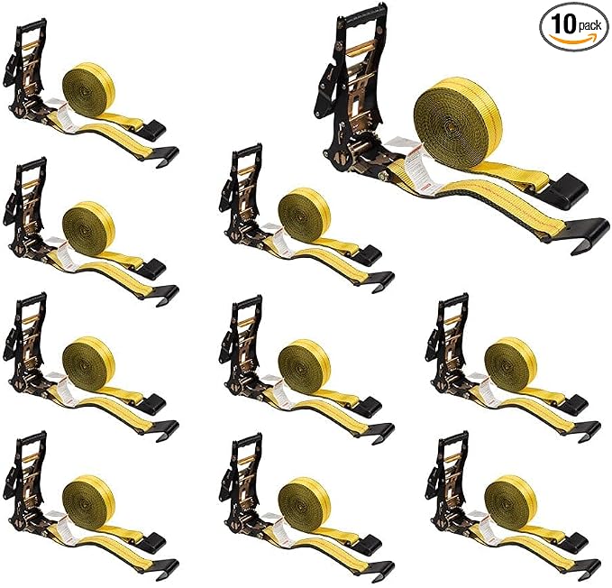 Mytee Products 10 Pack 2" x30' Ratchet Tie-Down Straps with Flat Hooks - 10,000 Lbs Breaking Strength - Tie Down Large Handle and Ratchet Straps for Flatbed, Truck, Trailers Pickup Farm
