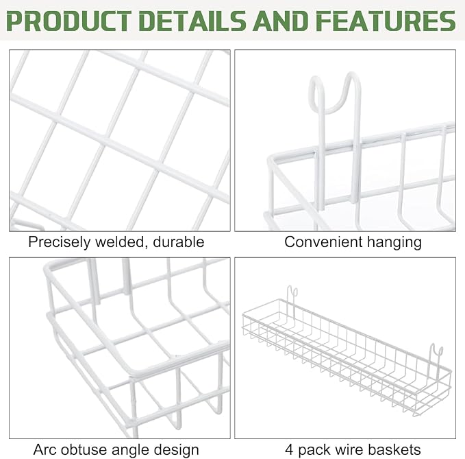 4 Pack 15.75 x 6 x 2.36 Inch Metal Grid Wall Baskets with Hooks, Hanging Wire Grid Basket, Multi-Function Wall Mounted Organizer for Kitchen Organizing Display, White
