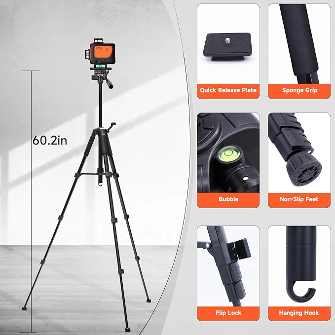 DOVOH 4D Laser Level 360 Self Leveling with Tripod, Y4-360G-KIT | Dual Batteries, Pulse Mode, Hard Toolbox, Green Beam, 4 Plane, For Construction, Flooring, Tiling, Ceiling