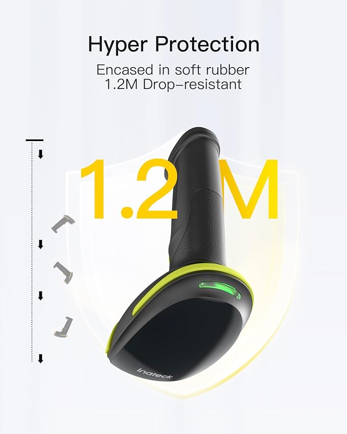 Inateck 2D Barcode Scanner, Wireless Bluetooth QR Barcode Scanner, Handheld Scanner with APP and SDK, 1 Charge for 3 Months, BCST-23 Green