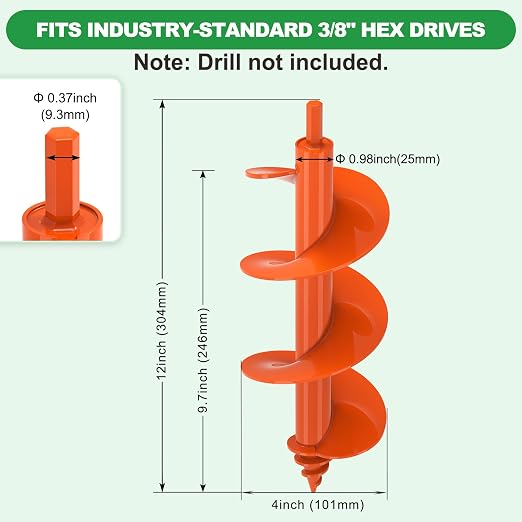 SELEWARE Auger Drill Bit for Planting 4"x12" Drill Auger for 3/8" Hex Drive | Orange Heavy-Duty Steel Garden Auger Drill Bit, Bulb Planter Tool, Auger Post Hole Digger for Bulbs, Flowers, Fence Posts