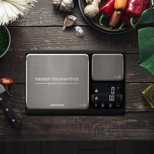 Heston Blumenthal Dual Platform Precision Scale by Salter, 10kg Capacity, Ultimate Accuracy Platforms, Easy-to-Read Digital Display, Measures Metric and Imperial Weight, Aquatronic Feature - Black