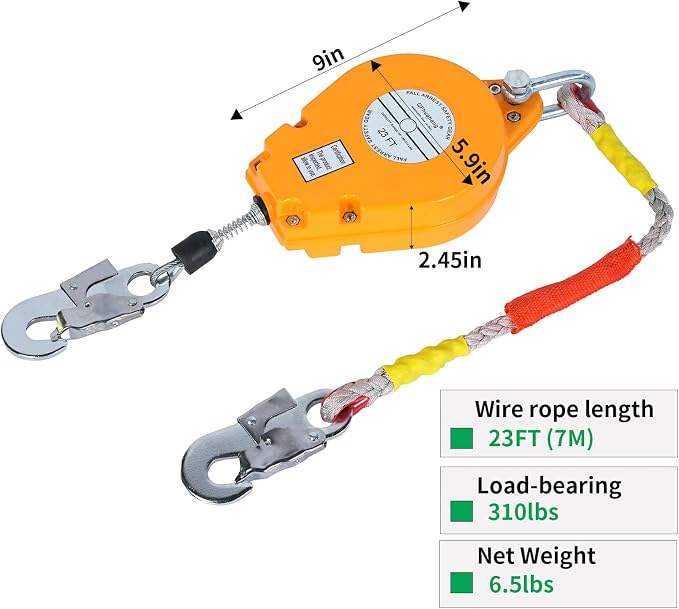 23FT Self Retracting Lifeline, Adjustable Retractable Lifeline Fall Protection Rope, Heavy Duty Retractable Lanyard, Roofing Lifelines, Industrial Fall Arrest Retractor