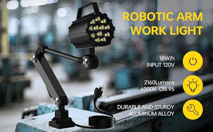 Articulating Led Work Light, 18W Black Machine Lights, 2160 Lumens Flexible Wood Lathe Light Drill Press Lighting 110-220v