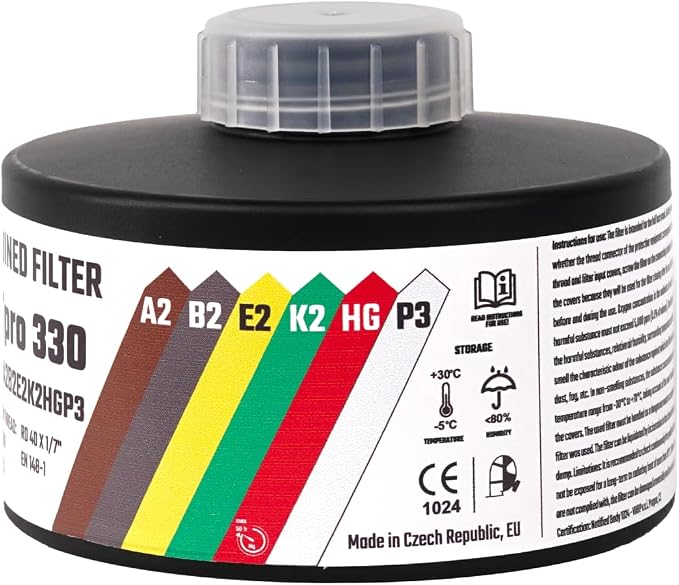 MIRA Safety DotPro 330 Industrial Filter, A2 B2 E2 K2 Hg P3, 40mm NATO | A2B2E2K2HgP3 filter rating. Industrial-grade protection. Long shelf life. 40mm NATO thread. Fits full-face masks.