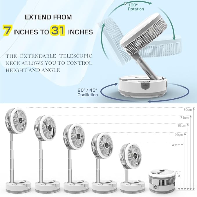 Foldable Oscillating Camping Fan with Remote, 10" USB C Rechargeable 40000mah Battery with LED Colorful Lights, Portable Floor Fan for Bedroom Office Camping