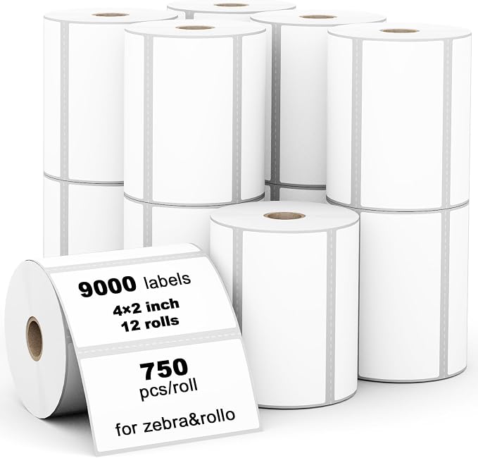 (9,000 Labels/12 Rolls) Labelebal 3-Proof 1" Core 12 Rolls 4" x 2" Inch Direct Thermal Labels, Address Shipping Labels Compatible with Rollo & Zebra Desktop Printers Adhesive