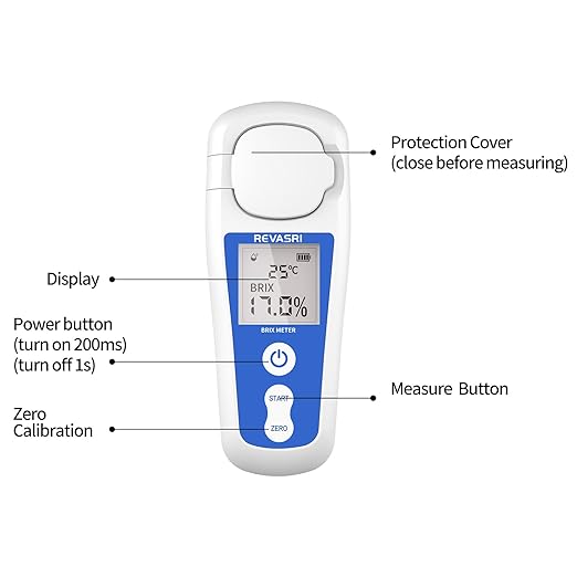 REVASRI Digital Brix Refractometer, Rechargeable Brix Meter for Liquid Sugar Content with LCD, 0-55% Range ±0.2% Accuracy with Auto Temperature Compensation