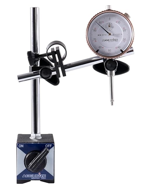 Accusize Industrial Tools 0-1'' by 0.001'' Dial Indicator with Magnetic Base Set, 60 Kg Capacity, Eg00-1038 | 176 lb Pull, On/Off Switch, V-Groove Bottom, Fine Adjustment, 0.001" Graduation