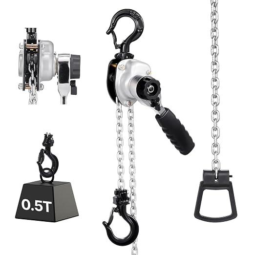 VEVOR Manual Lever Chain Hoist, 1/2T 1100LBS Capacity Heavy Duty Come Along, 5FT Lift G80 Alloy Steel Chain with Dual Pawl Mechanical Brake,360°Rotating Hooks, for Warehouse Construction Garage