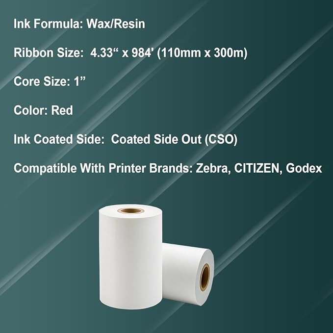 2 Rolls 4.33" x 984'(110mm x 300m) White, Wax/Resin Thermal Transfer Ribbon, Core 1", Ink Outside, Barcode Ribbon Compatible with Zebra Printer
