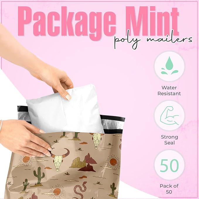 10x13 Poly Mailers – Western Boho – Waterproof, Tear-Resistant Shipping Bags with Adhesive Seal – 50 Pack – Package Mint