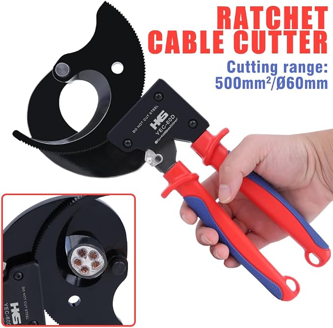 HKS Ratchet Cable Wire Cutter Heavy Duty for Cutting Electrical Aluminum Copper and Multi-core Cables up to 500mm² (AWG 1000MCM) YEC-60D