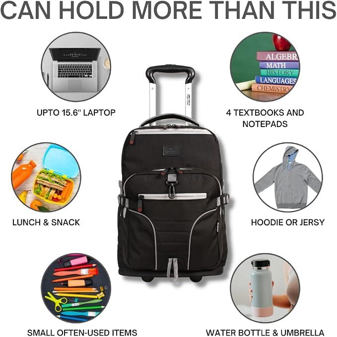 J World Lunar Rolling Backpack. Laptop Bag With Wheels. Wheeled Carry-On Travel Luggage, Black, 19.5 x 13 x 8 Inches