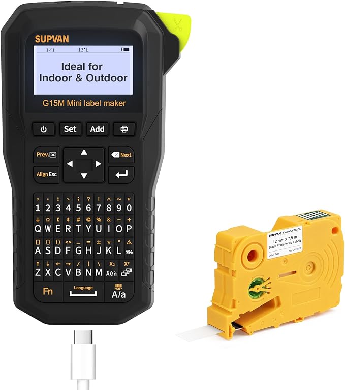 SUPVAN G15M Mini Portable Label Maker Machine with Tapes, Rechargeable 1200mAh Battery Thermal Transfer Printer, Compatible with Multi-Type Label, Home, Garage, Office & Outdoor