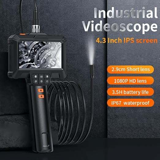 Borescope, Lighted Endoscope Camera, 2.0 MP HD Inspection, 4.3 Inch IPS Screen 1080P HD, IP67 Waterproof Pipe Snake Camera, 16.5ft Semi-Rigid Sewer Lens
