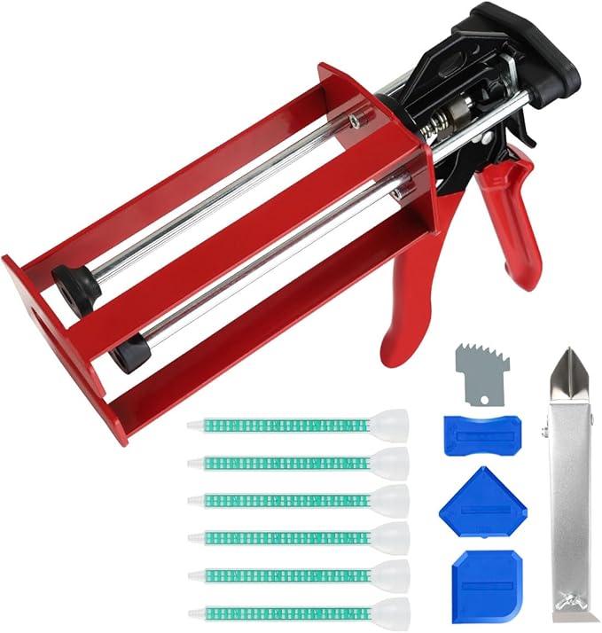 200ml Epoxy Gun Dual Component Professional Heavy-Duty Full Metal Caulking Guns For Dual Cartridges 1:1 & 2:1 Mix Epoxy Applicator For Panel Bonding Structural Repair Adhesive Sealant Red