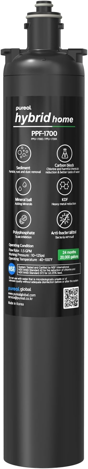 Pureal Under Sink Water Filter Replacement Cartridge, Full System NSF/ANSI 42&372 Certified, Removes PFAS, Lead, Chlorine, Bad Taste & Odor, 20,000 Gallons, 4-Year, 17-Inch, Made in Korea (PPF-1700)