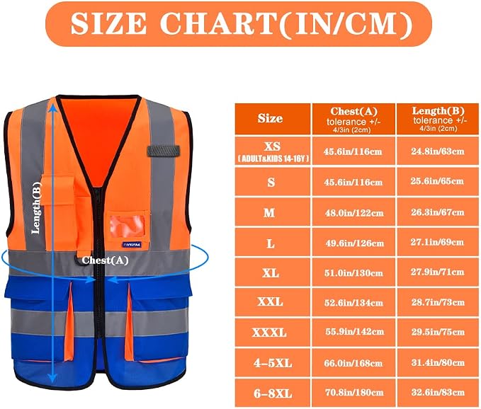 A-SAFETY Hi-Vis Safety Vest, Clear ID Holder, Zipper, Orange/Blue, 4XL-5XL | Orange/Blue 4XL-5XL work vest with clear ID holder, mic tabs and reflective strips for port operations; for men and women.