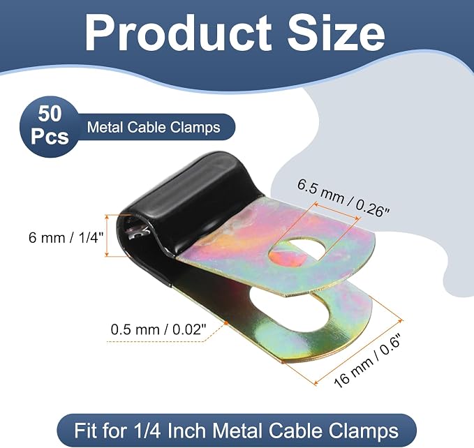 PATIKIL 1/4 Inch Vinyl Coated Cable Clamps, 50 Pack Galvanized Steel Metal Cable Clips Rubber Cushion Insulated Pipe Clamps for Tube Lines Cord Wire Management, Black