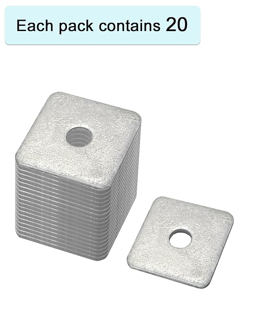 20-Pack 1/2” Hot-Dipped Galvanized Steel Square Washers, Flat Pad Spacer for Square Nut Fasteners, 1/2” ID x 2” Square x 0.18” Thick
