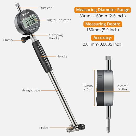 Neoteck Digital Bore Gauge Set Digital Indicator Bore Gauge (2"-6"/0.0005") Measurement with Self-Centering Dial Carbide Anvils and Insulated Grips for Deep Engine Cylinder Measurement