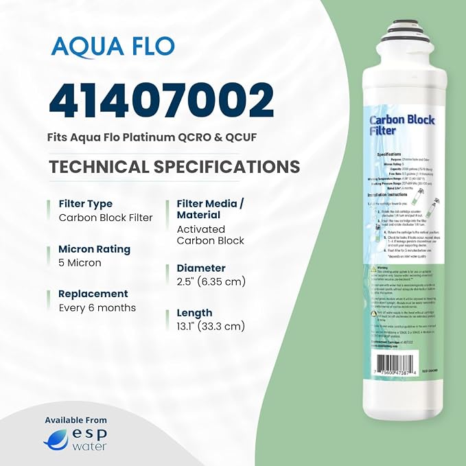 Aqua Flo 41407002 Carbon Block RO Filter, 5 Micron – Replacement for Platinum QCRO 4-Stage System, Quick-Change Cartridge for 2nd & 4th Stage, High-Performance Water Filtration