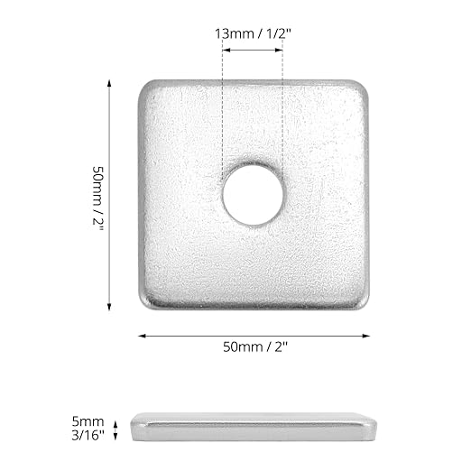 QWORK 50-Pack Galvanized Square Washers Plate – 1/2" ID, 2x2 OD, 3/16" Thickness, Anti-Loosening Plate Fastener for Construction and Industrial Equipment