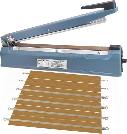 12 Inch 5mm Impulse Heat Sealer Machine for Plastic Mylar Bags, Metal Shell, with 6 Replacement Parts (including 2 Cutting Lines)