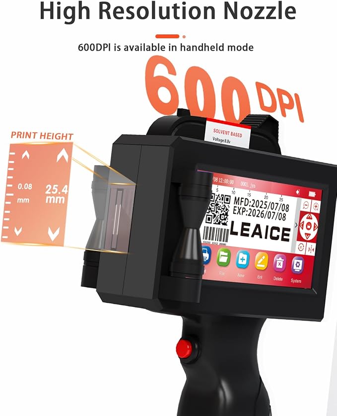 Handheld Inkjet Printer, 1 inch/25.4 mm Print Height Handheld Printer Gun with Quick-Drying Ink Cartridge for Batch Number Date QR Codes Barcodes Labels Logo Printing on Diverse Materials