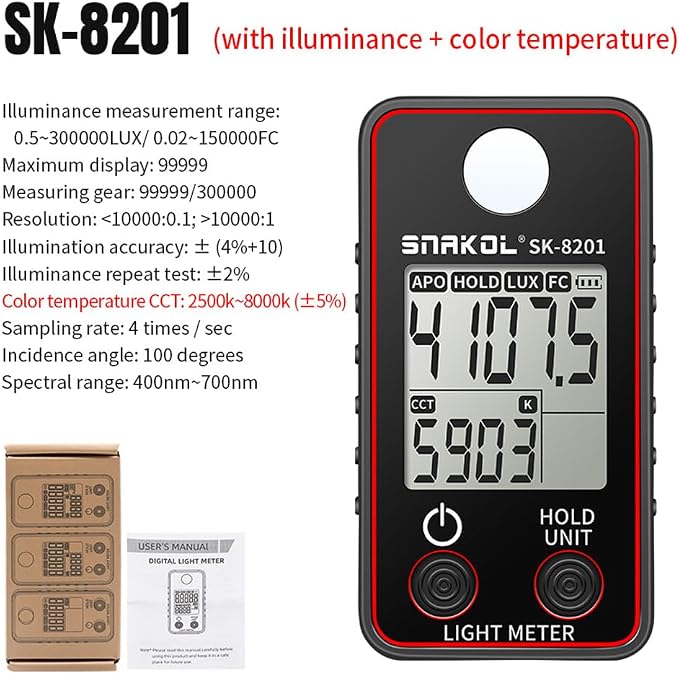 Karlak Color Temperature Tester High Precise Illuminance Meter 0.5-300000LUX LED Illumination Test Meter Photographic Luminance Measuring Device