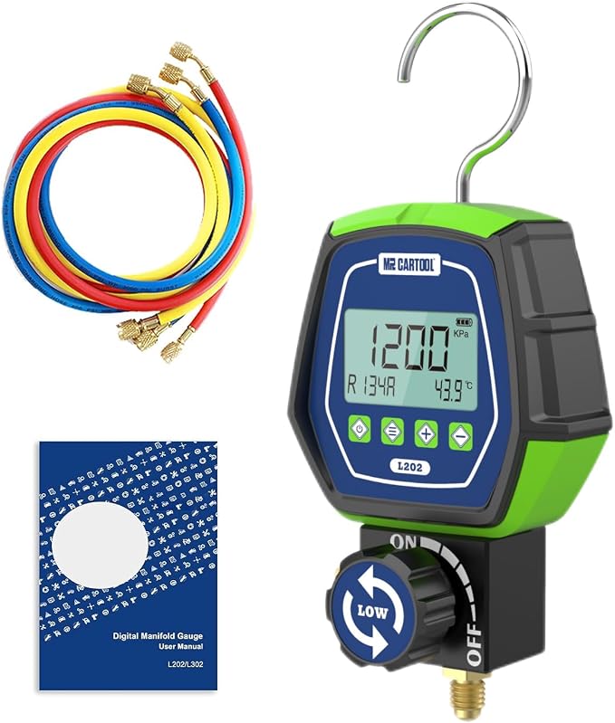 HVAC Digital Manifold Gauge Set, R134a Refrigerant Recharge Kit AC Manifold Gauge Set with 3 Hoses (Tolerance Range: -/+0.5%)