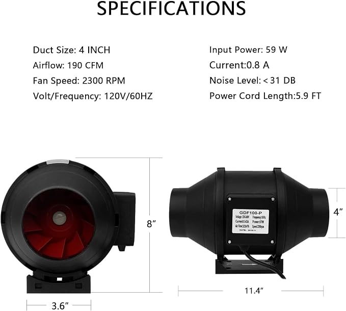 SunStream Inline Duct Fan 4 Inch 190 CFM Air Ventilation Exhaust Booster Vent Blower for Indoor Grow Tent