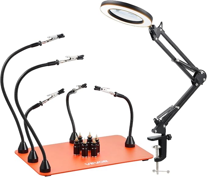 VEVOR Magnetic Helping Hands Soldering Station, 2-In-1 Third Hand Soldering Tool - 3X LED Magnifying Lamp & 5 Flexible Arms, 6 PCB Holders, Heavy-Duty Base Station for Electronic Repair Craft Hobby