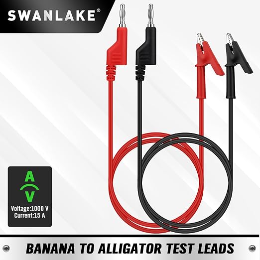 SWANLAKE 2-Piece Banana Plug to Alligator Clip Test Leads, 1000V 15A 3.5ft/1M Multimeter Electrical Alligator Clips, Flexible Copper Cable Banana Plug, Electrical Wires with Gator Clips