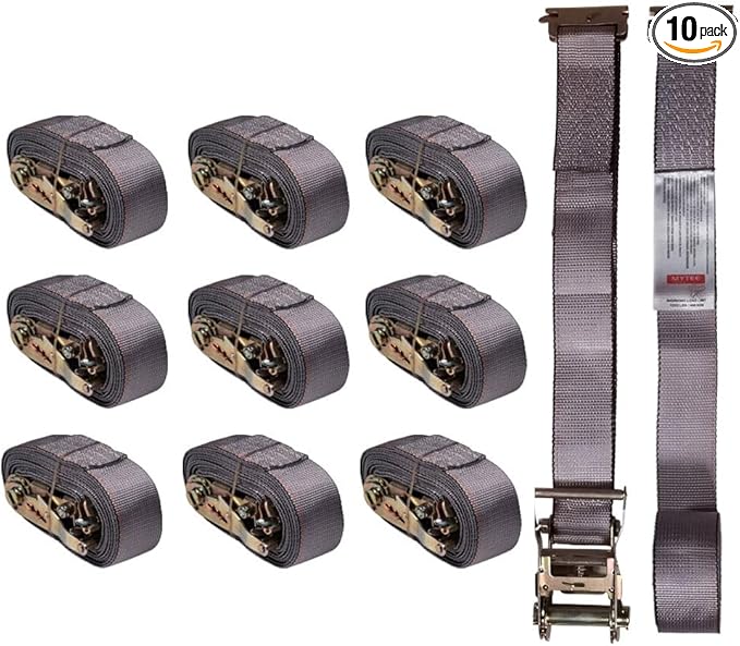 Mytee Products (10 Pack) 2'' x 16' E Track Straps w/Spring E-Fittings - Grey Ratchet Etrack Straps w/Heavy Duty 4000 lbs Breaking Strength for Enclosed Trailers, Trucks & Vans