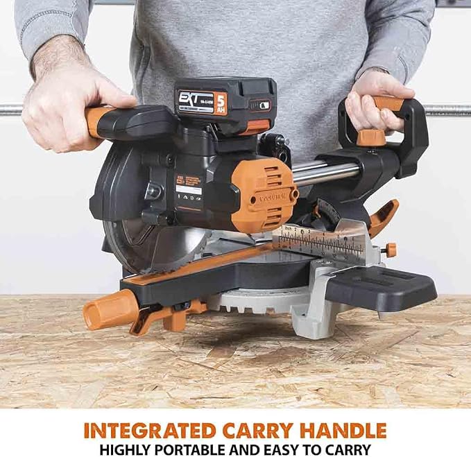 Evolution R185SMS-Li 7-1/4" Cordless Sliding Miter Saw - 20V Li-Ion EXT Battery, 850W Motor, Multi-Material 185MM TCT Blade, 45° Bevel & 50° Miter | Includes Battery & Charger